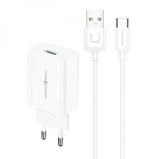 MZP Usams T48 Travel Charger Kit 18W (T22 Single USB QC3.0 Charger EU+Uturn Type-C Cable 1M) White