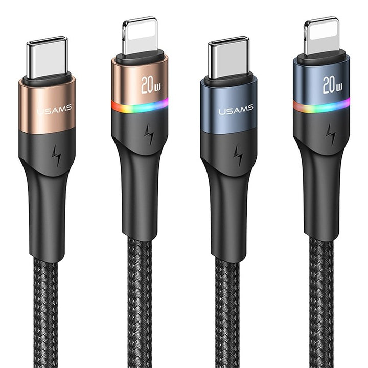 USAMS US-SJ538 U76 Type-C / USB-C to 8 Pin PD Aluminum Alloy Colorful Lights Fast Charging Data Cable, Length: 1.2m (Black)