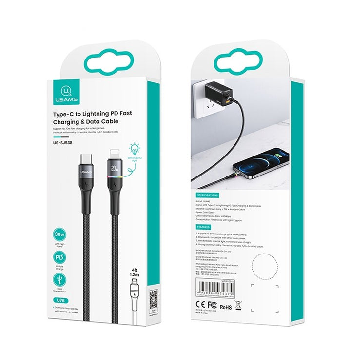 USAMS US-SJ538 U76 Type-C / USB-C to 8 Pin PD Aluminum Alloy Colorful Lights Fast Charging Data Cable, Length: 1.2m (Black)