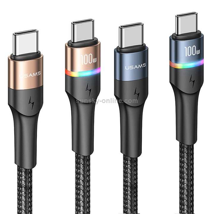 USAMS US-SJ537 U76 100W Type-C / USB-C to Type-C / USB-C PD Aluminum Alloy Colorful Lights Fast Charging Data Cable, Length: 1.2m(Gold)