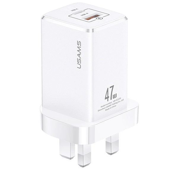 USAMS US-CC138 T41 47W GaN PD + QC Mini Fast 1C + 1A Charger (UK Pin) (CC138TC02 White)